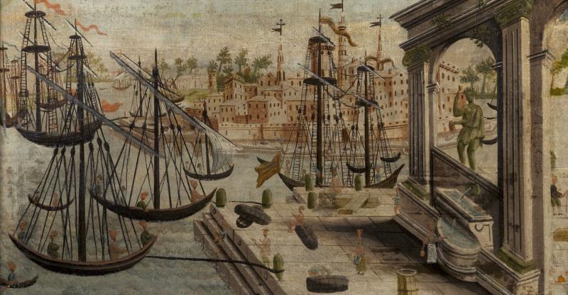 Cityscape almost certainly depicting a rare image of the Colossus of Rhodes