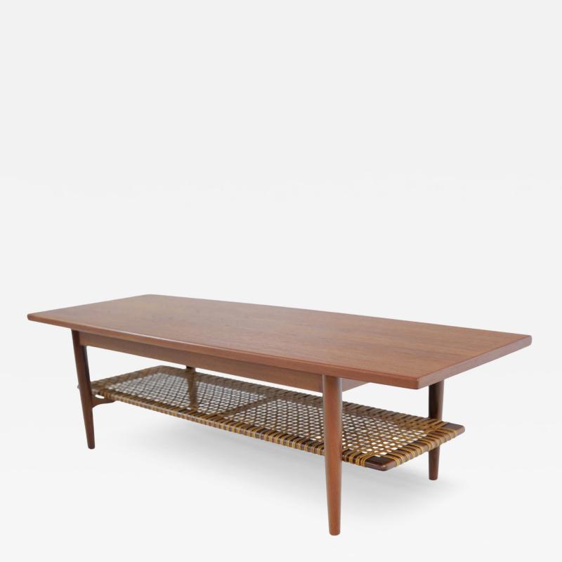 Classic Scandinavian Modern Teak Caned Coffee Table