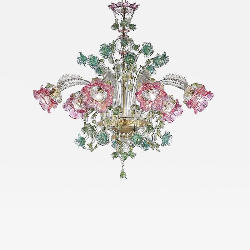 Classical Luxury Venetian Pink and Green Floreal Murano Glass Chandelier