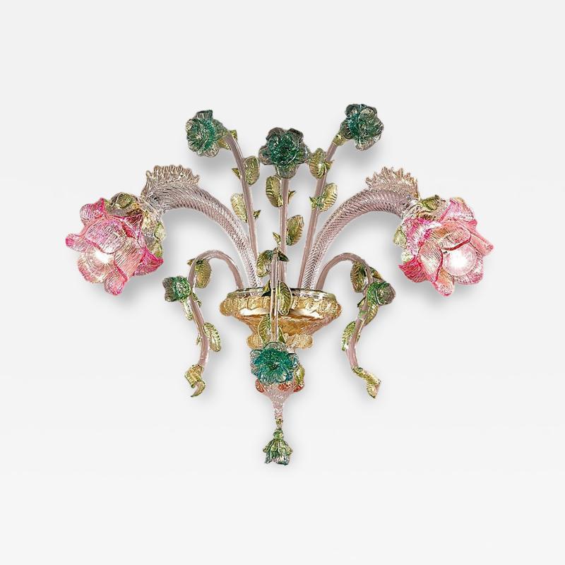 Classical Luxury Venetian Pink and Green Floreal Murano Glass Wall Sconce