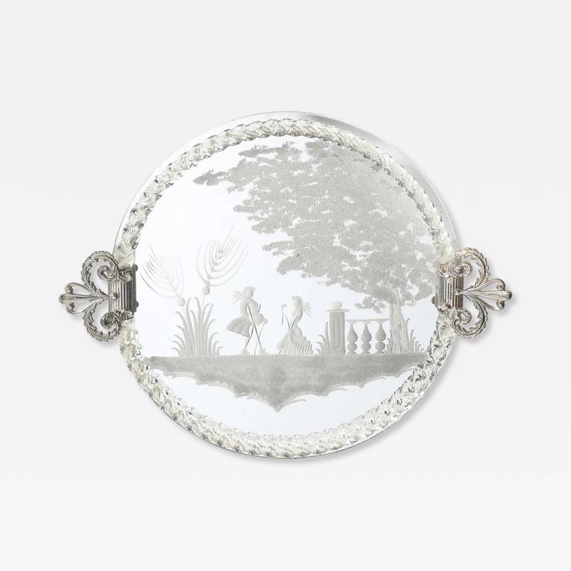 Classical Reversed Etched Mirrored Tray w Pastoral Scene Twisted Glass Border