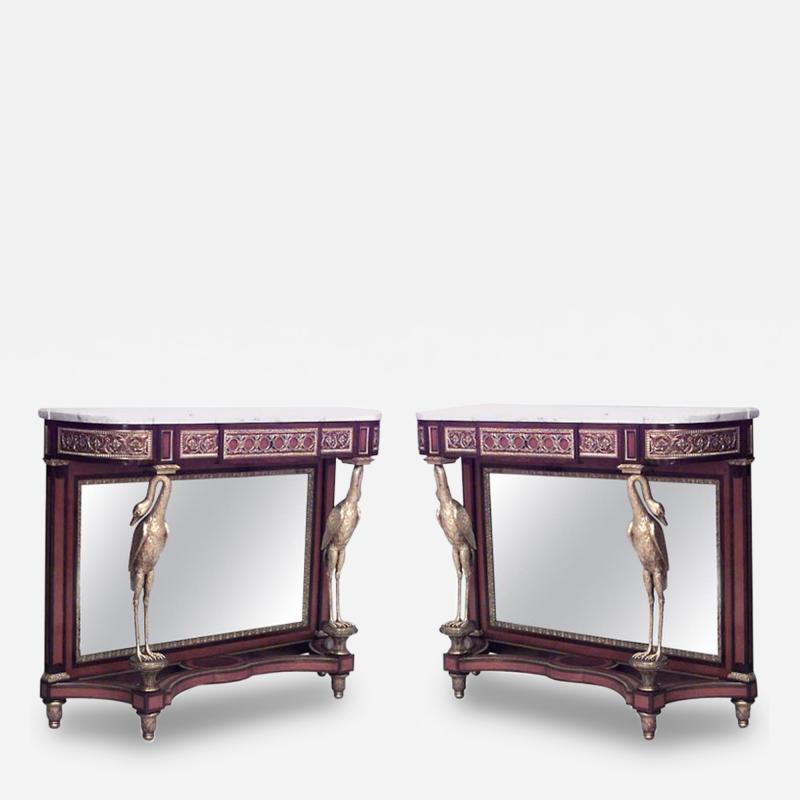 Claude Charles Saunier Pair of Saunier French Louis XVI Style Mahogany Mirrored Marble Console Tables