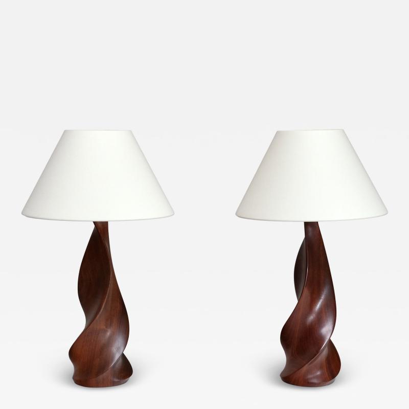 Claude Chauvy Sculptural Pair of Claude Chauvy Table Lamps in Mahogany France 1950s