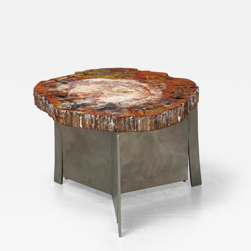 Claude De Muzac Rare Petrified Wood and Steel Side Table by Sculptor Claude De Muzac France
