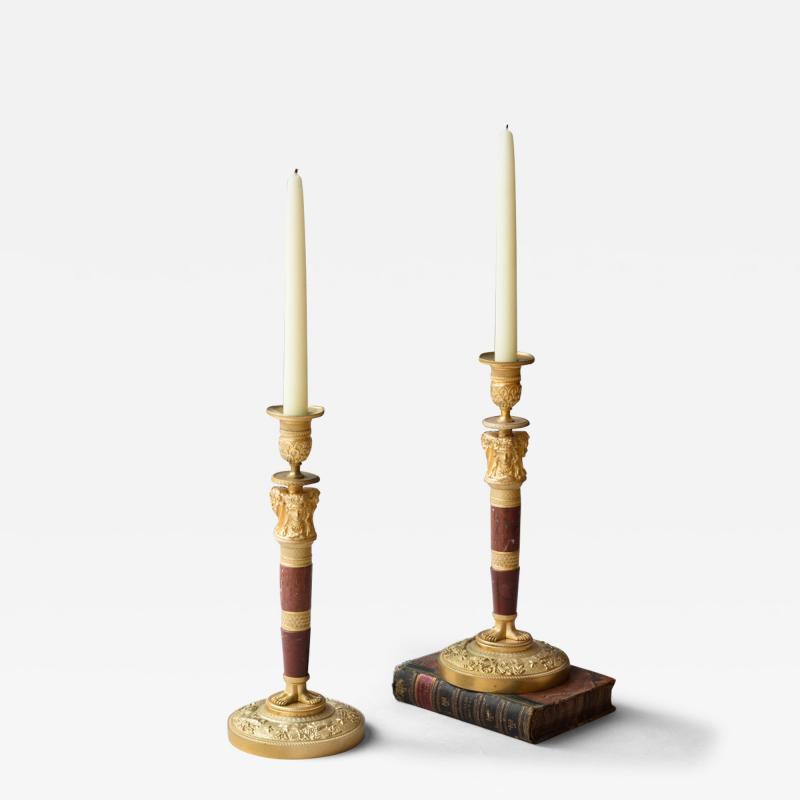 Claude Galle PAIR OF FRENCH EMPIRE GILT BRONZE AND MARBLE CANDLESTICKS