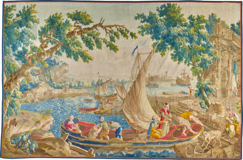 Claude Joseph Vernet The Arrival at the Port 18th Century French Antique Tapestry