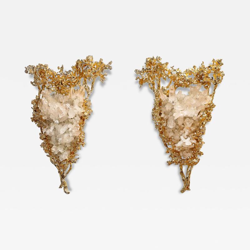 Claude Victor Boeltz Claude Boeltz 24kt Gold Plated Exploded Bronze V Shape Sconces w Rock Crystals