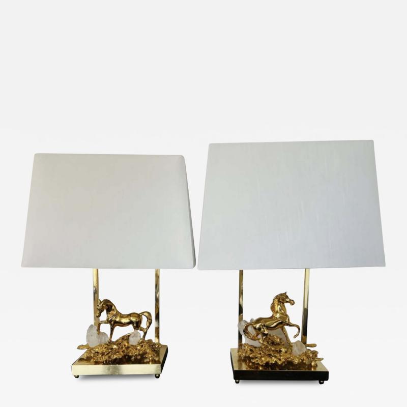Claude Victor Boeltz Claude Victor Boeltz French 1970s Gold Crystal Horse Table Lamps