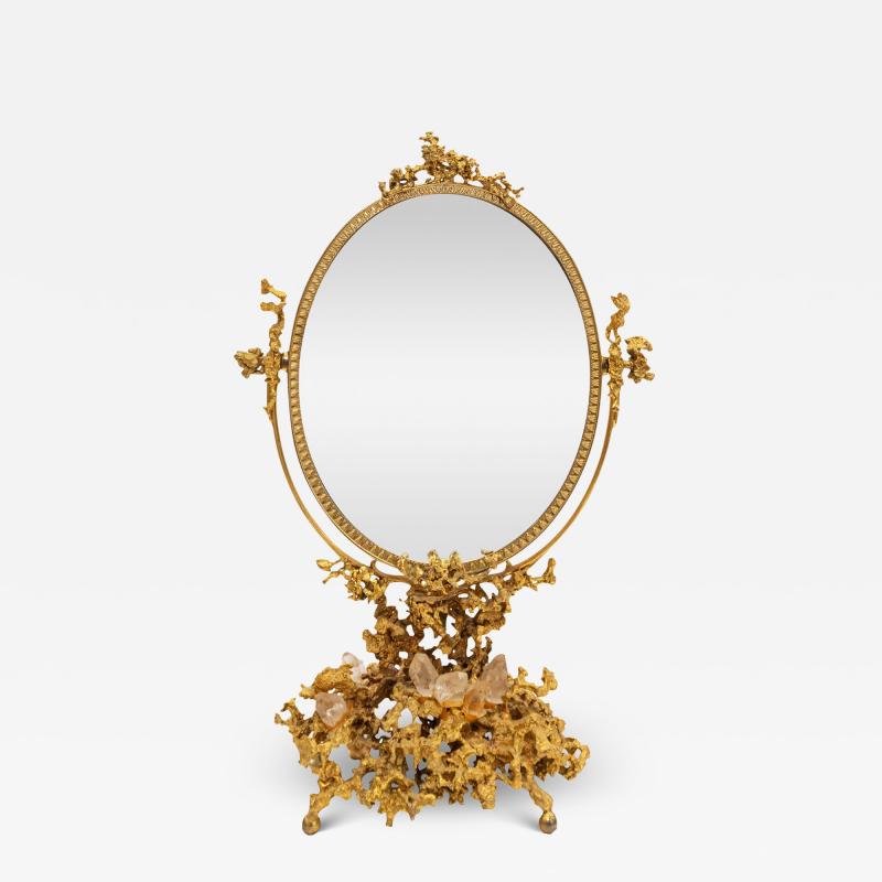 Claude Victor Boeltz Claude Victor Boeltz Rare Vanity Mirror in Gold with Rock Crystals 1983 Signed 