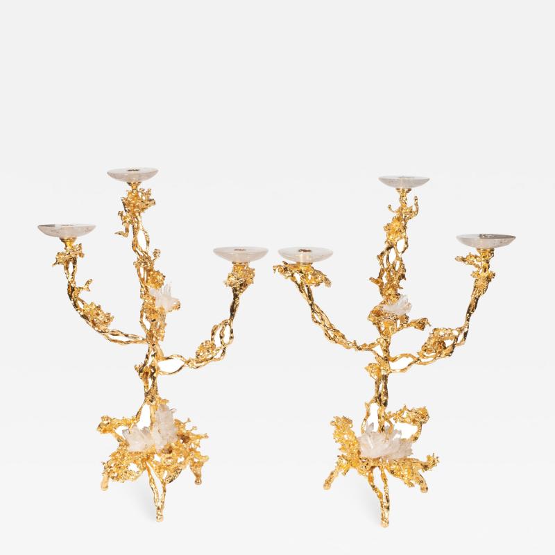 Claude Victor Boeltz Pair of 24Kt Gold Triple Branch Candlesticks w Rock Crystals by Claude Boeltz