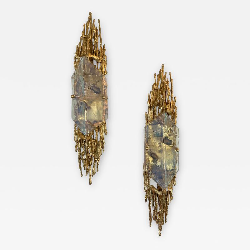 Claude Victor Boeltz Pair of Bronze Sconces Murano Glass by Claude Victor Boeltz France 1970s