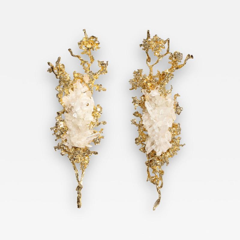 Claude Victor Boeltz Pair of Claude Boeltz 24kt Gold Plated Exploded Bronze Sconces w Rock Crystals