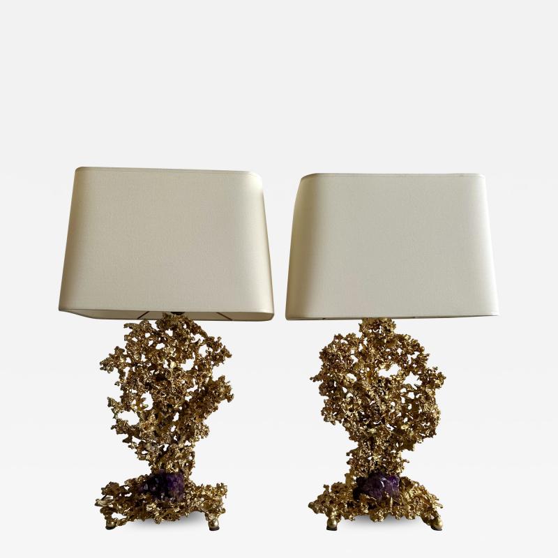 Claude Victor Boeltz Pair of Gilt Bronze Amethyst Lamps by Boeltz France 1970s