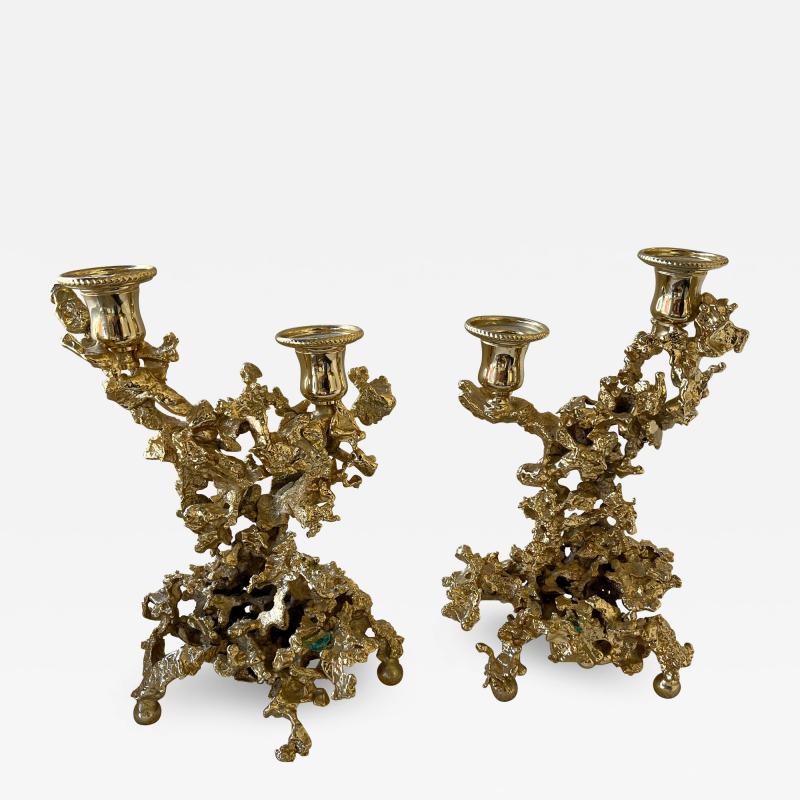 Claude Victor Boeltz Pair of Gilt Bronze Candlesticks by Boeltz France 1970s