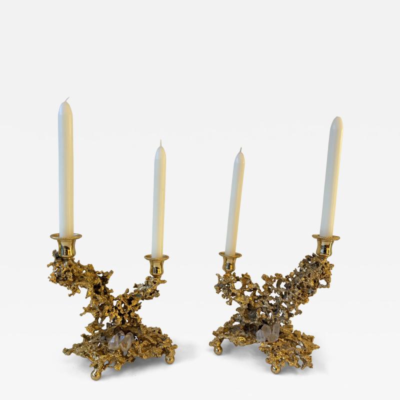 Claude Victor Boeltz Pair of Gilt Bronze and Quartz Candlesticks by Boeltz France 1970s