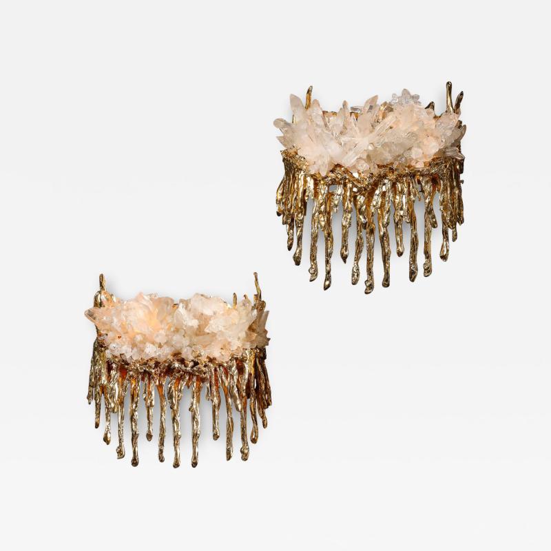 Claude Victor Boeltz Pair of Modernist Sconces in Exploded 24K Gilt Bronze Crystal by Claude Boeltz