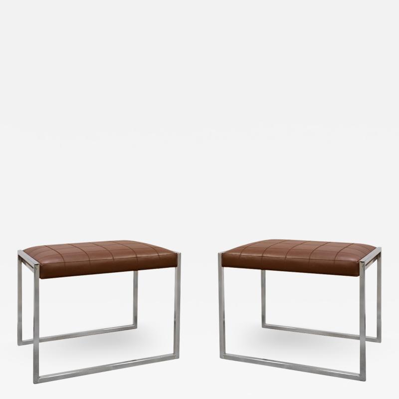 Clean Line Pair Of Benches In Polished Chrome with Stitched Leather Seats 1970s
