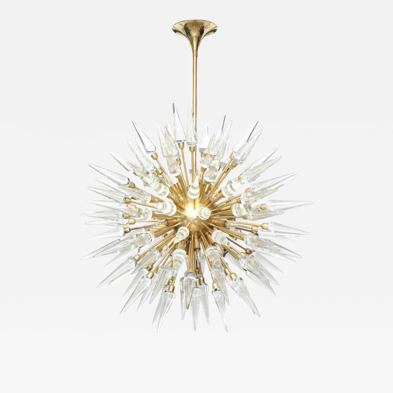Clear Murano Glass and Unlacquered Brass Sputnik Starburst Chandelier Italy