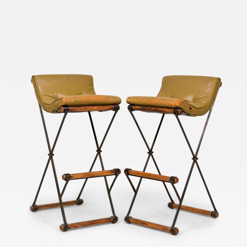 Cleo Baldon Pair of Cleo Baldon for Terra of California X Frame Avocado Green Barstools