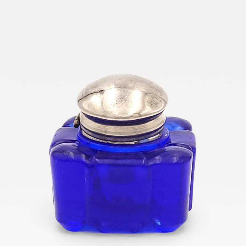 Cobalt Glass Silver Plated Inkwell England circa 1920