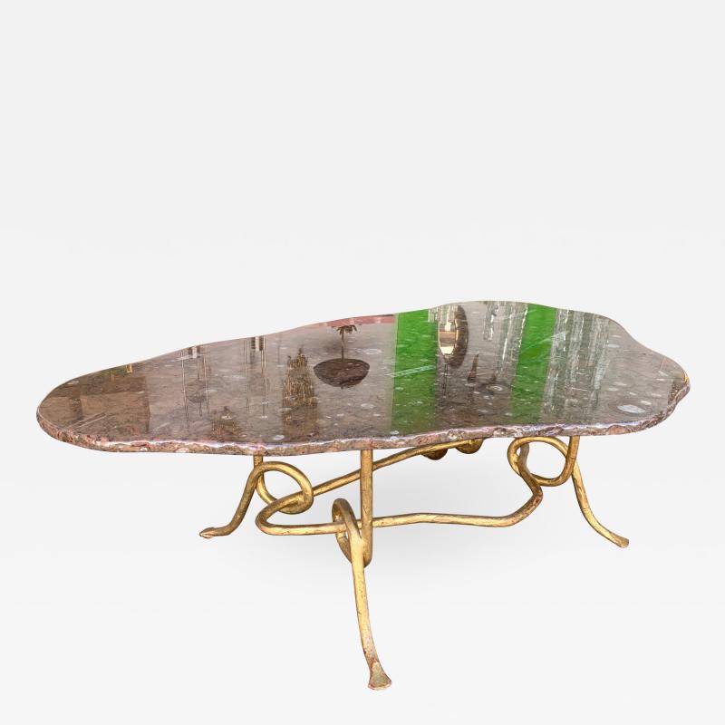 Coffee Table Gilt Iron Fossil Stone Top by Pinguaud France 1980s