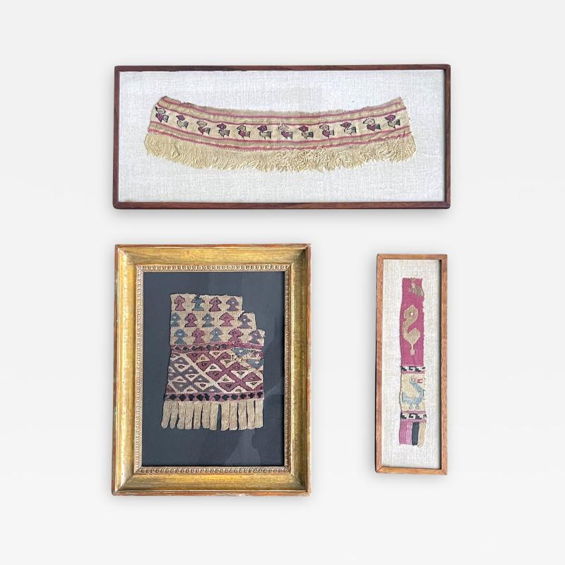 Collection of Three Framed Pre Columbian Textile Fragment Bird Motifs Chimu Peru