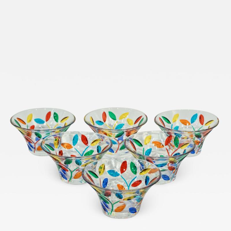 Colleoni Modern Set of 6 Crystal Murano Glass Cups Bowls with Colorful Leaves