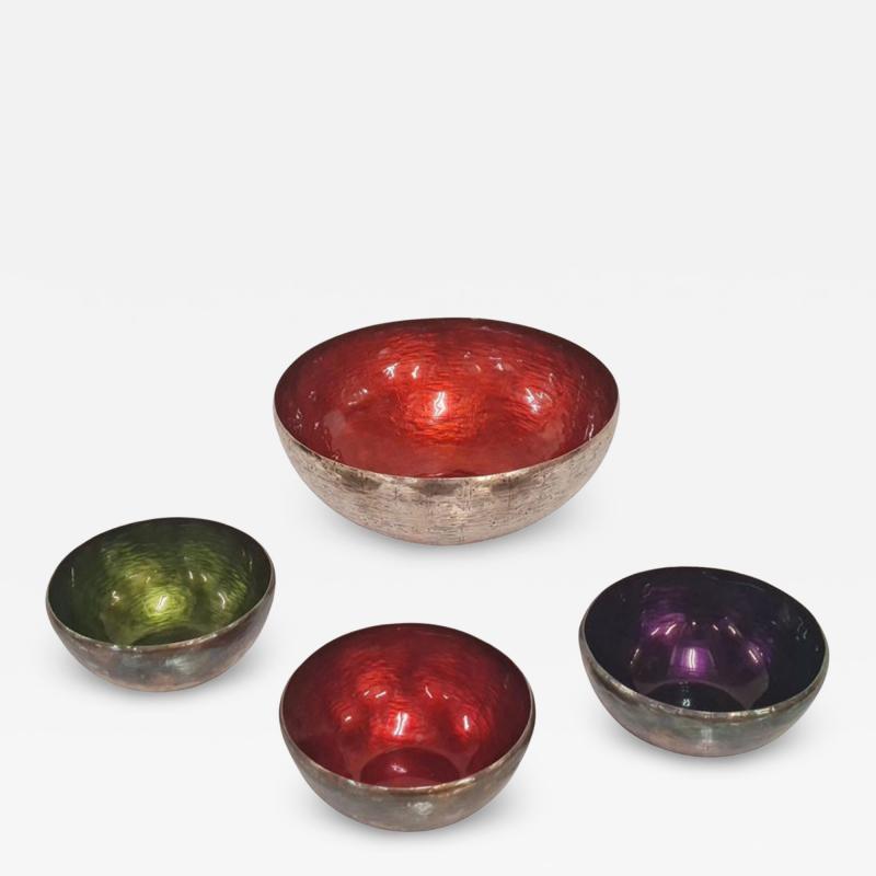 Colorful Handmade Eva Hidstr m Sterling Silver Enameled Bowl Set Finland 1970s