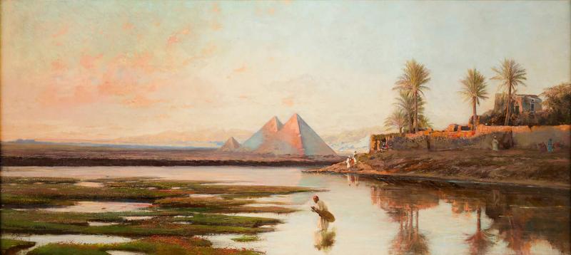 Conrad Peter Schreiber Large Orientalist oil painting of the Nile at sunrise by Conrad Peter Schreiber