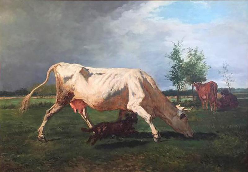 Constant Troyon Constant Troyon White cow chased by a dog oil on canvas