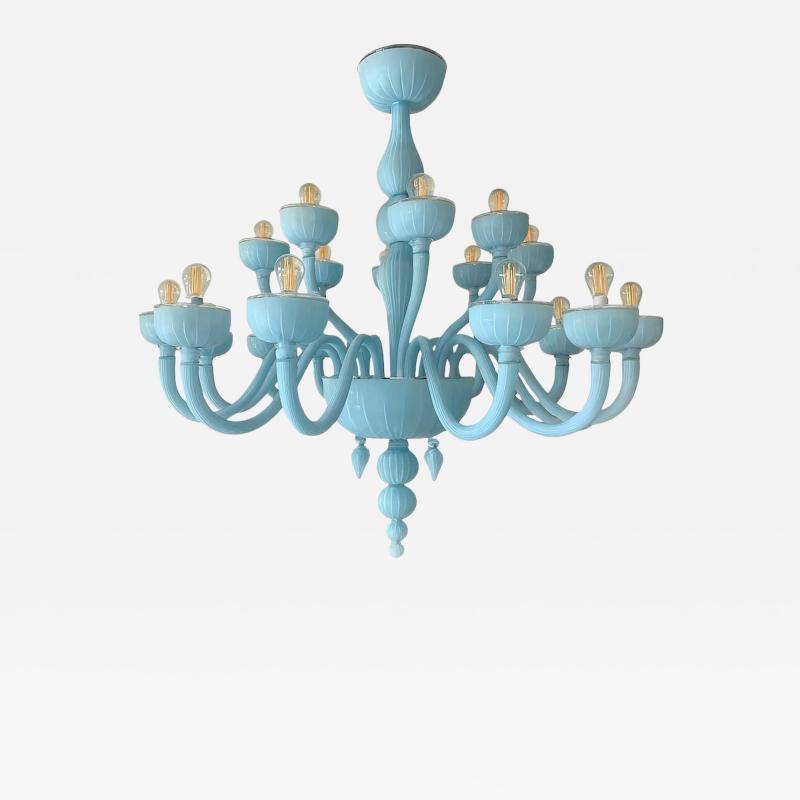 Contemporary 18 Arms Matte Light Blue Murano Style Glass Chandelier