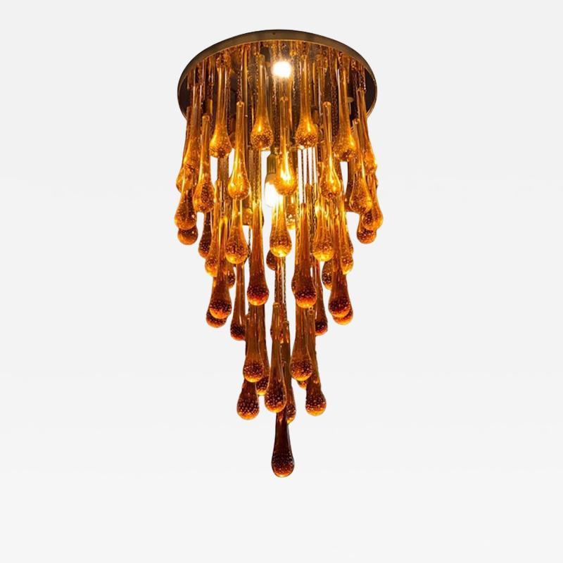 Contemporary Amber and Transparent Gold Murano Glass Big Drops Flush Mount