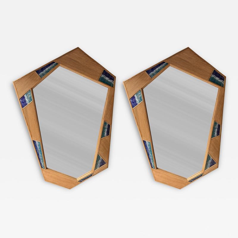 Contemporary Asymmetrical Mirror Rattan Marquetry and Enamel Metal Italy