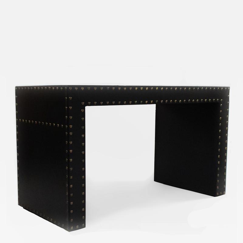 Contemporary Black Leather Desk with Brass Rivets