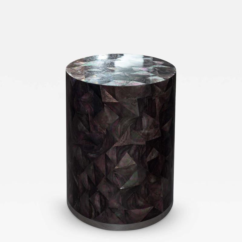 Contemporary Black Mother of Pearl Mosaic Drum Table