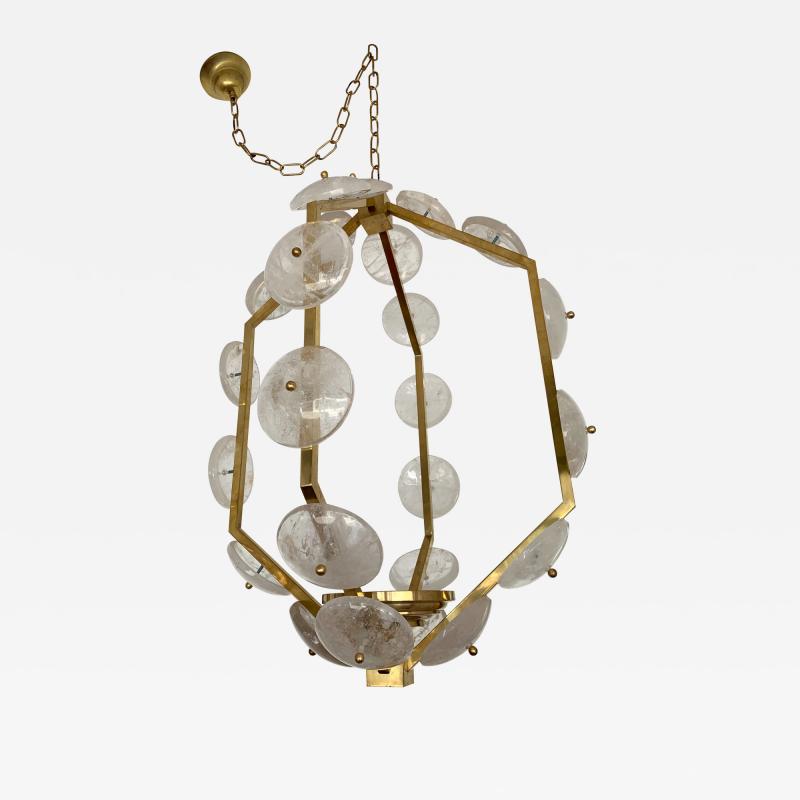 Contemporary Brass Lantern Chandelier Rock Crystal Italy