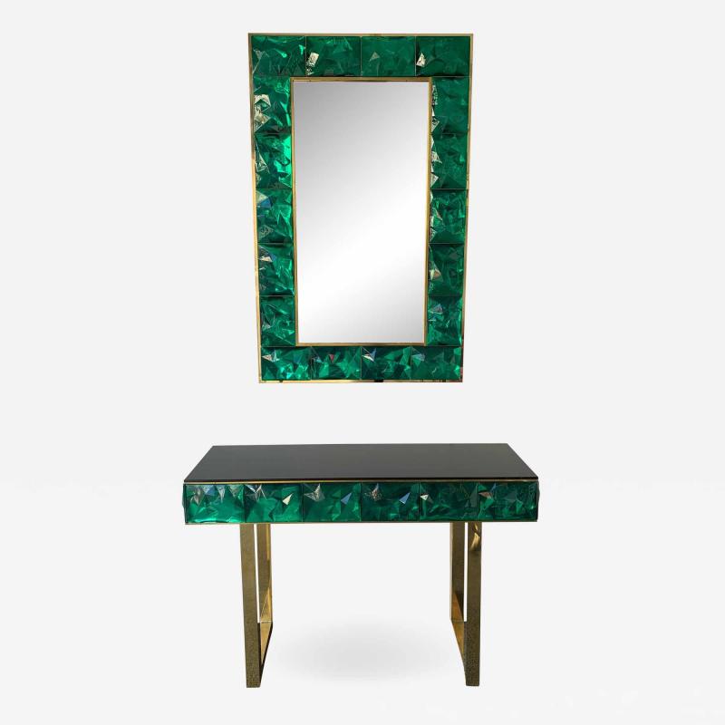 Contemporary Brass Mirror Console Set Murano Glass Italy