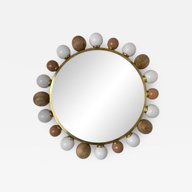 Contemporary Brass Murano Glass Wood and Ceramic Lightning Mirror Italy