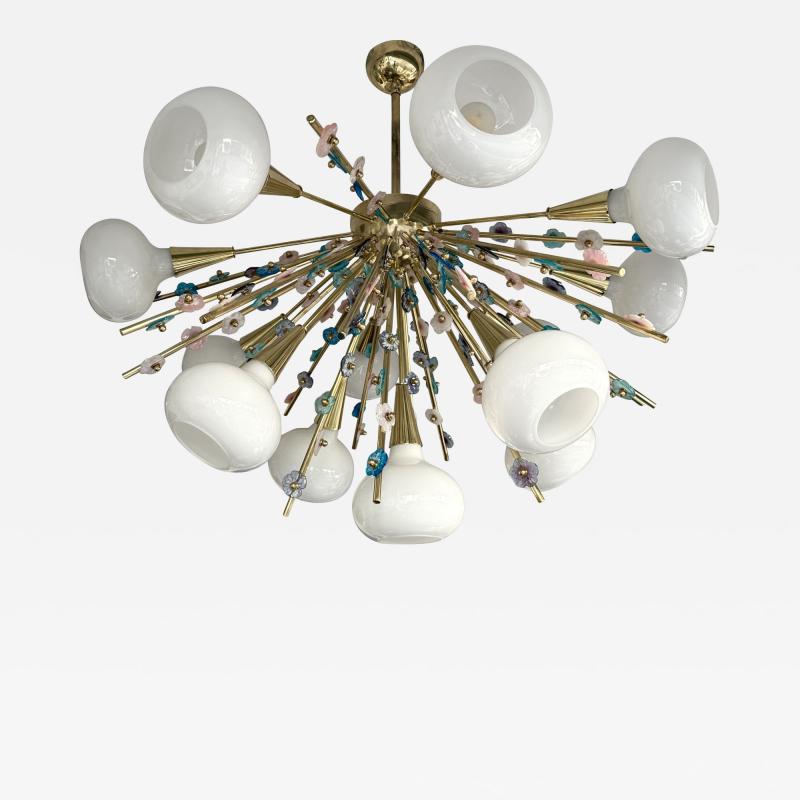 Contemporary Brass Sputnik Chandelier Flowers Murano Glass White Cup Italy