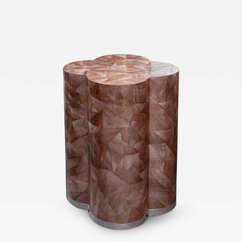 Contemporary Brown Gold Pen Shell Mosaic Clover Drum Table