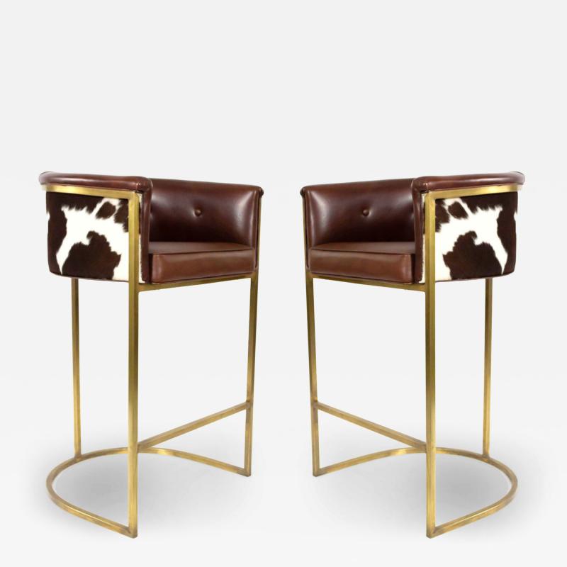 Contemporary Brown Leather and Cow Hide Bar Stools