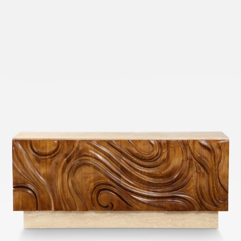 Contemporary Brutalist Carved Oak and Travertine Sideboard