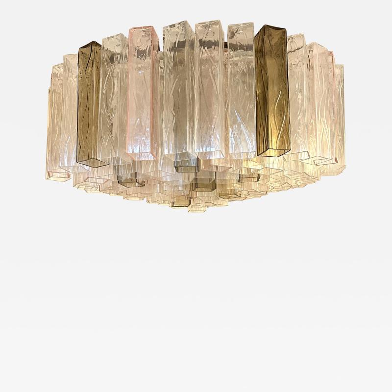 Contemporary Clear Pink and Fum Squares Murano Glass Flush Mount