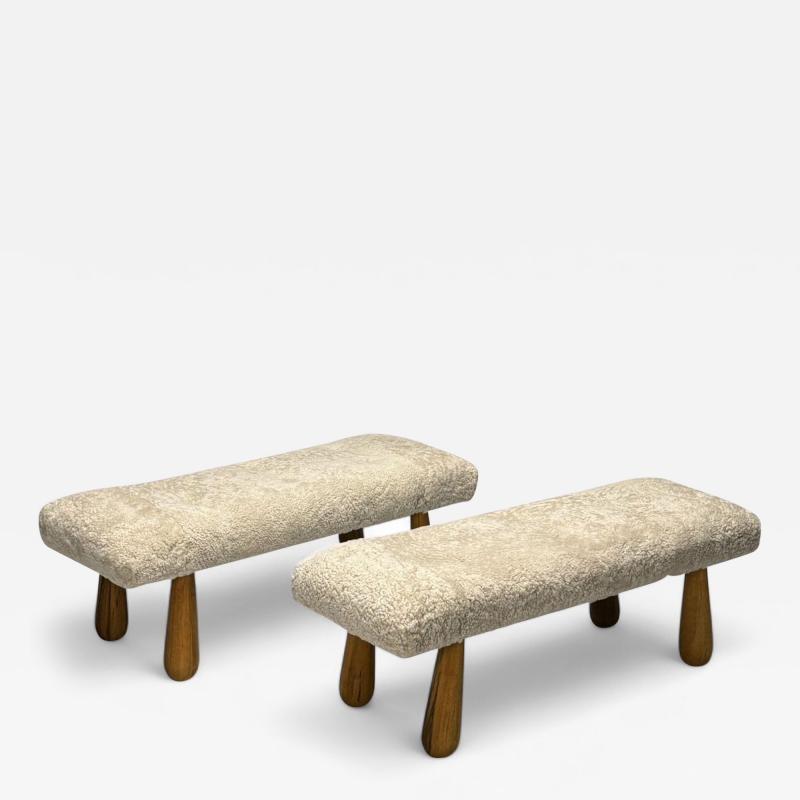 Contemporary Danish Mid Century Modern Style Benches Beige Shearling Maple