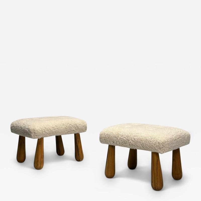 Contemporary Danish Mid Century Modern Style Small Benches Shearling Maple