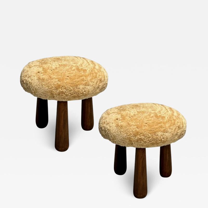 Contemporary Danish Modern Sheepskin Stools Honey Shearling Maple