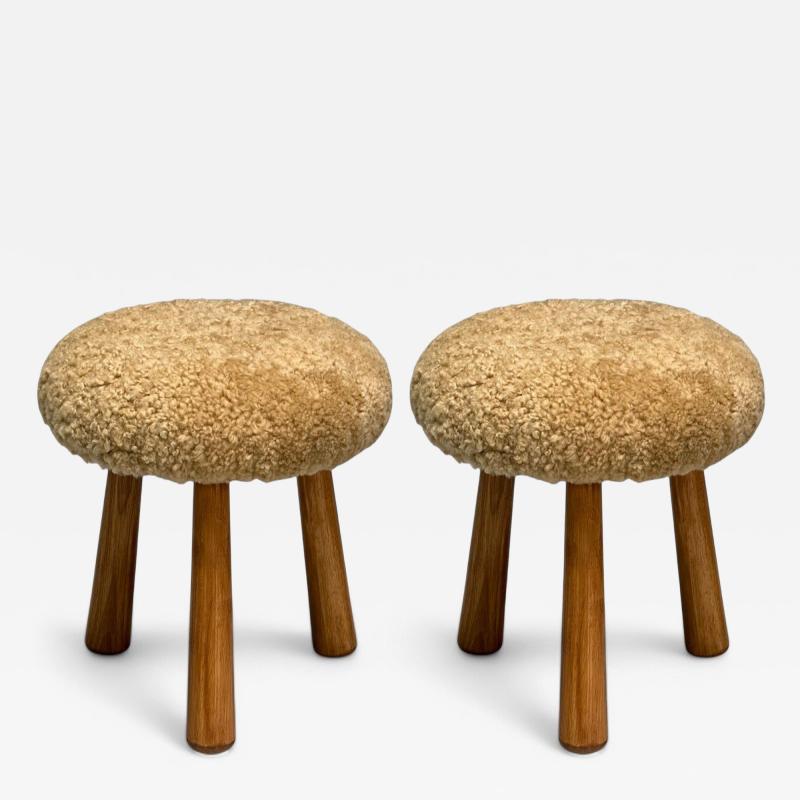 Contemporary Danish Modern Style Honey Sheepskin Maple Footstools 21st C 