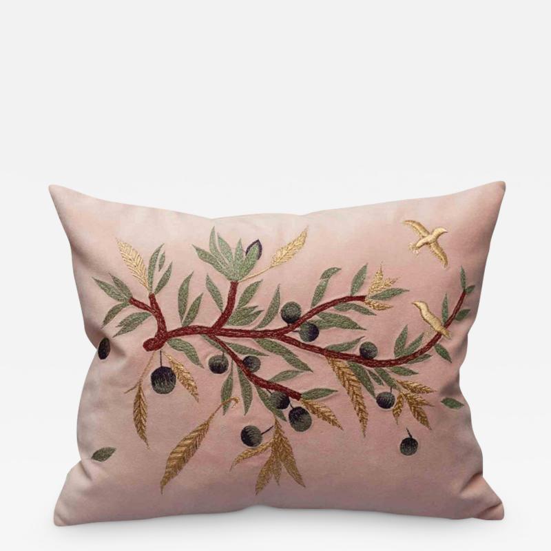 Contemporary Embroidered Pillow on Soft Pink Ultrasuede with Dove Olive Branch