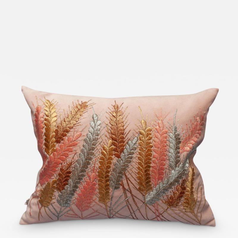 Contemporary Embroidered Pillow on Soft Pink Ultrasuede with Metallic Wheat