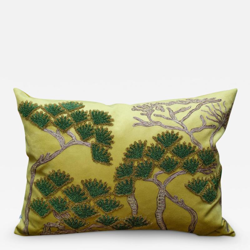 Contemporary Embroidered Pillow on Yellow Green Ultrasuede with Pine Trees